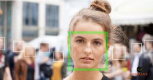 woman standing and she is being scanned by facial recognition