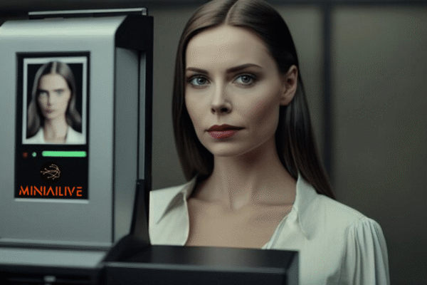 a woman standing next to miniailive facial liveness detection attendance system