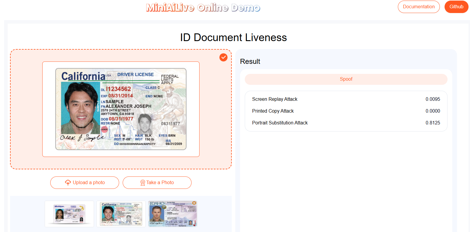 Example of MiniAiLive ID Document Liveness Detection Online Demo