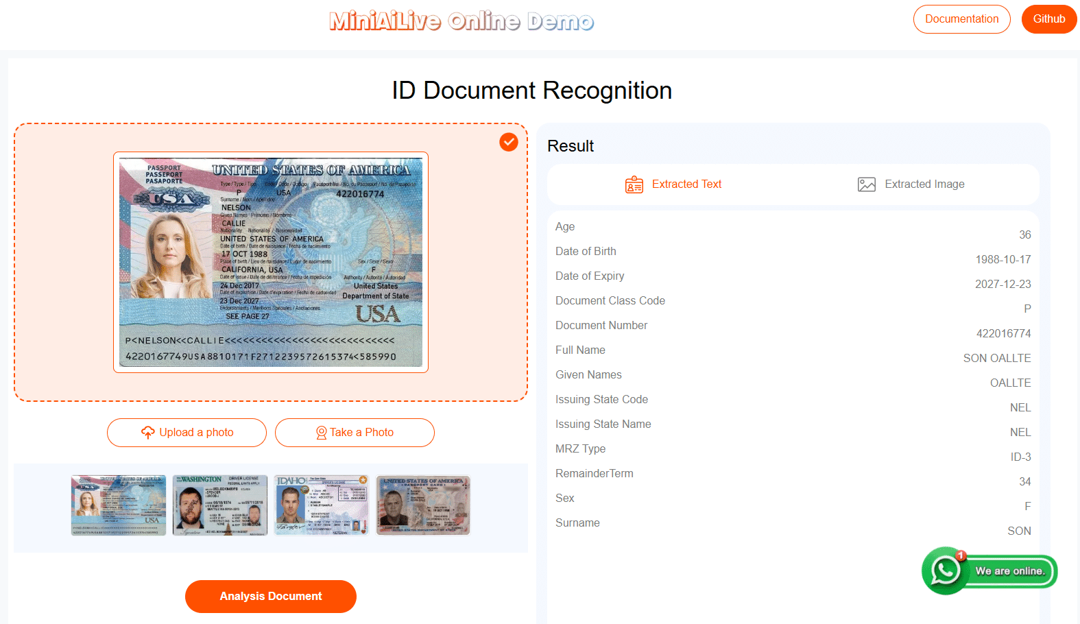 miniailive online id document recognition demo