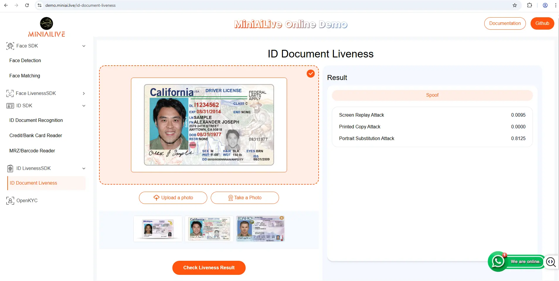 miniai id document fraud prevention online sdk screenshot