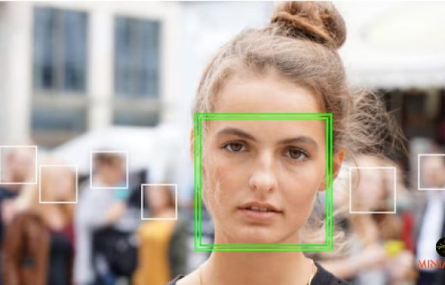 woman standing and she is being scanned by facial recognition